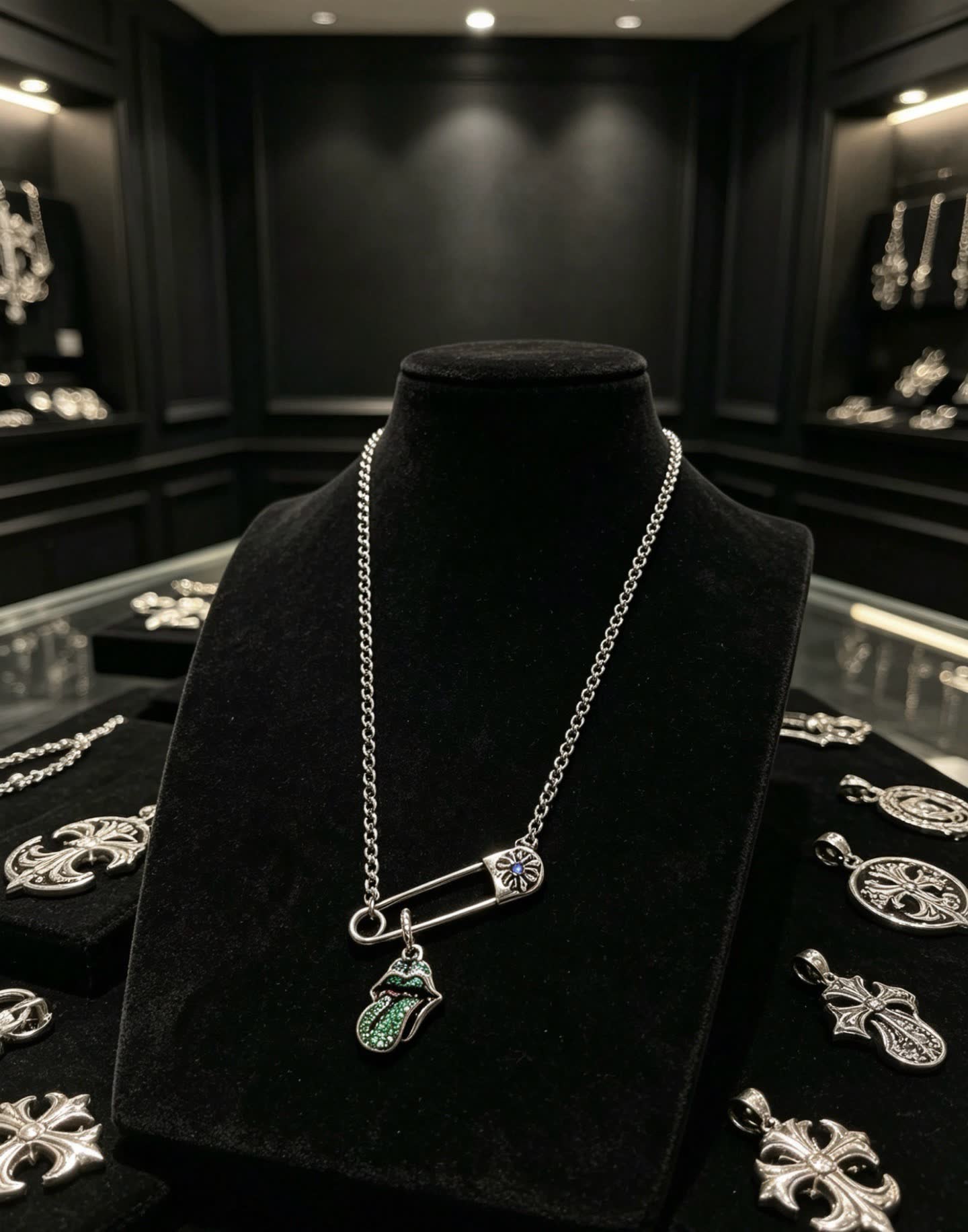 Chrome Hearts Rolling Stones Tongue Safety Pin Necklace